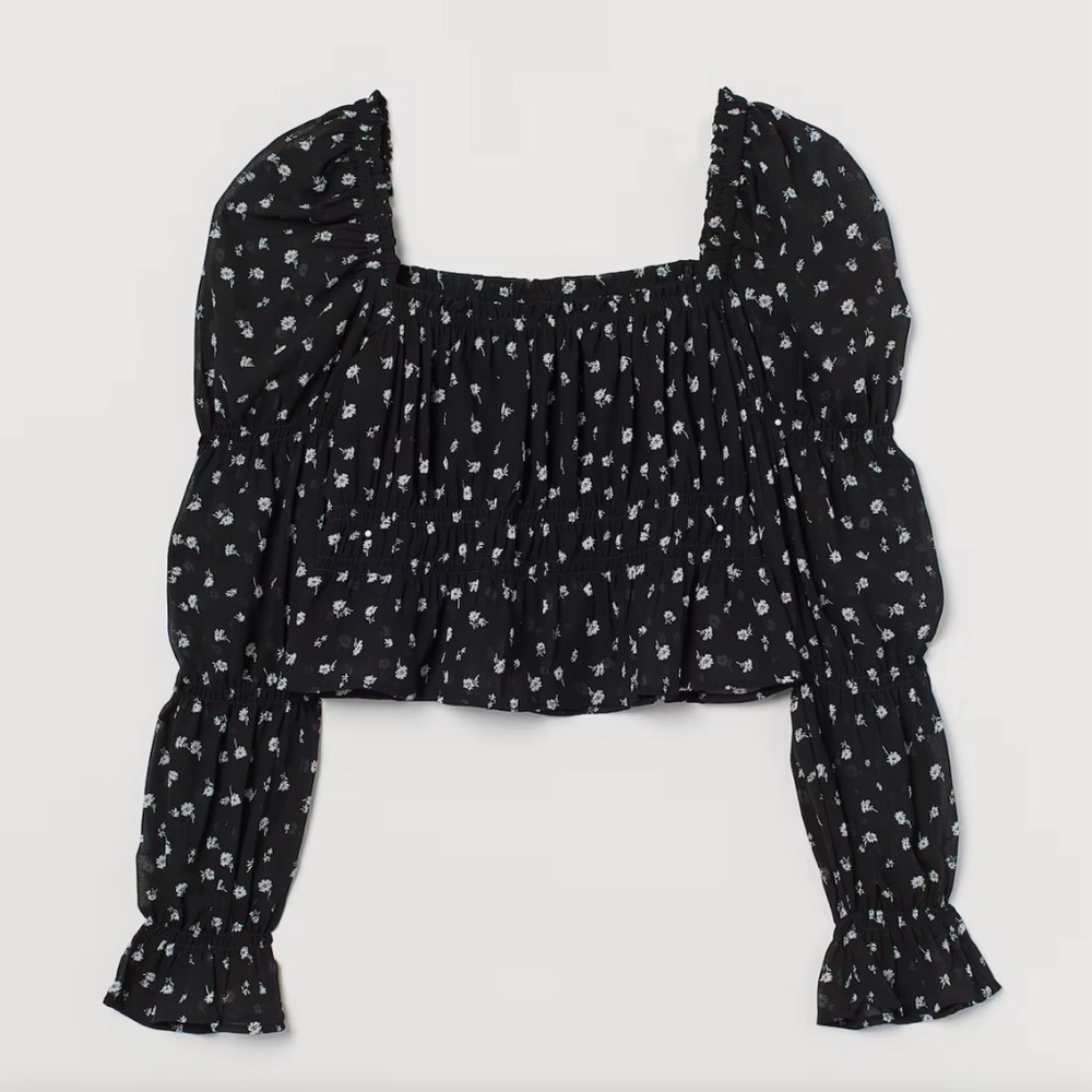 H&M floral cropped puff sleeve stretch floral peasant top SZ L black white